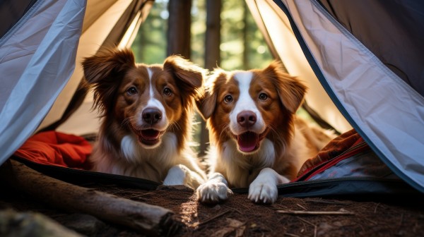 dogs-forest-tent-adventurous-snapshot-two-canine-companions