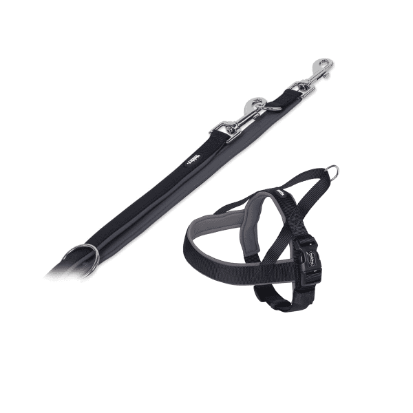Hundegeschirr und Leine Set "Classic Preno", schwarz/grau, M-L